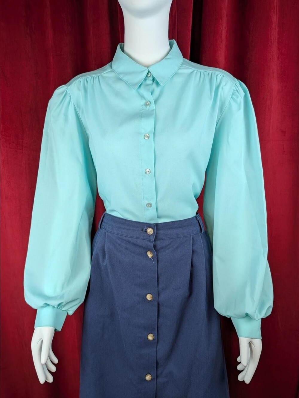 Vintage 80's Judy Bond Pastel Aqua Blue Green Long Sleeve Button Up Blouse